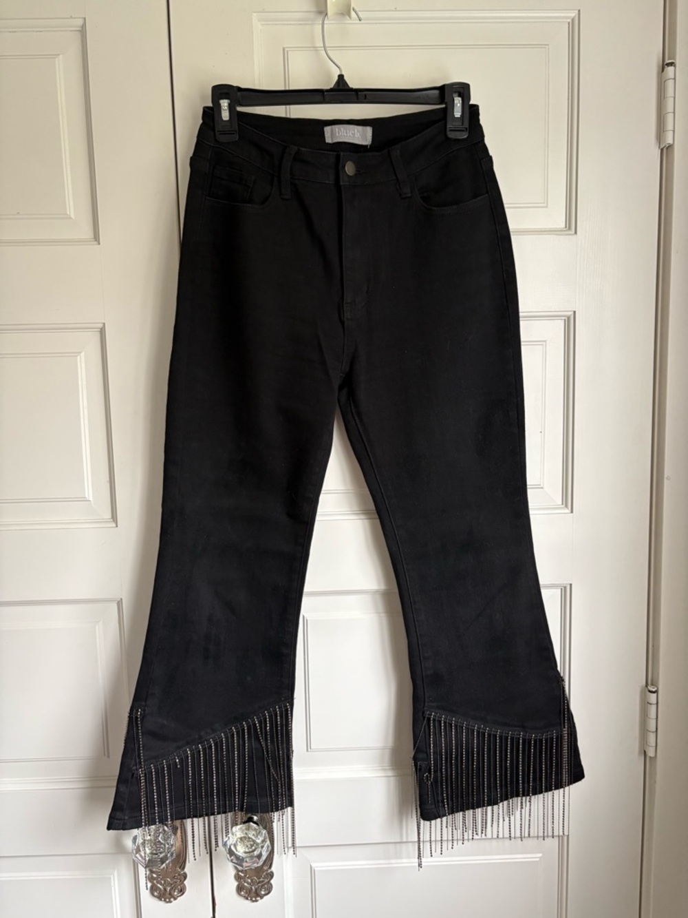 High Waist Stretch Black Flare Jeans by Black with Chain Fringe Hem